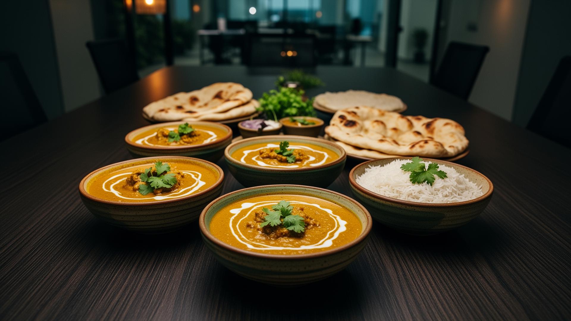 Premium curry spread on a corporate conference table