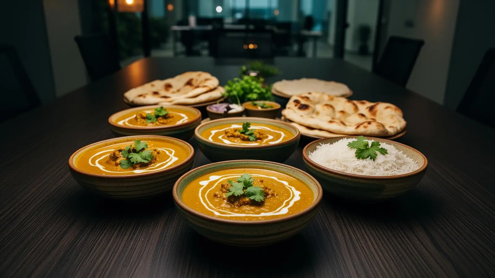 Premium curry spread on a corporate conference table