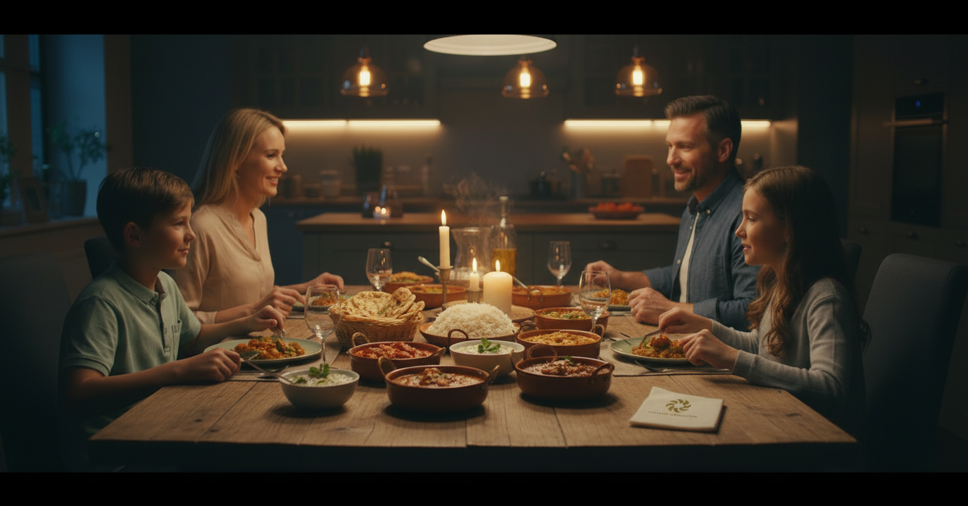Family curry night — sharing dishes around the dinner table