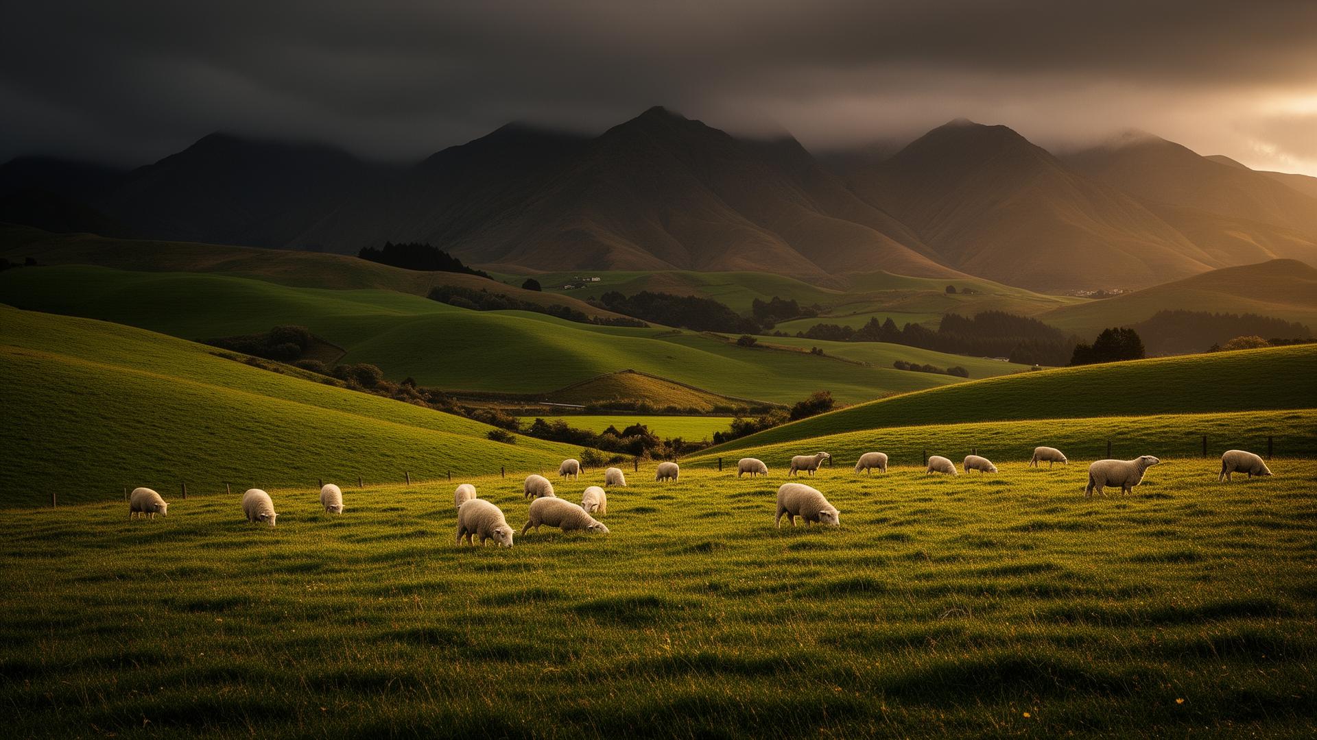 Premium New Zealand lamb — grass-fed on rolling green hills