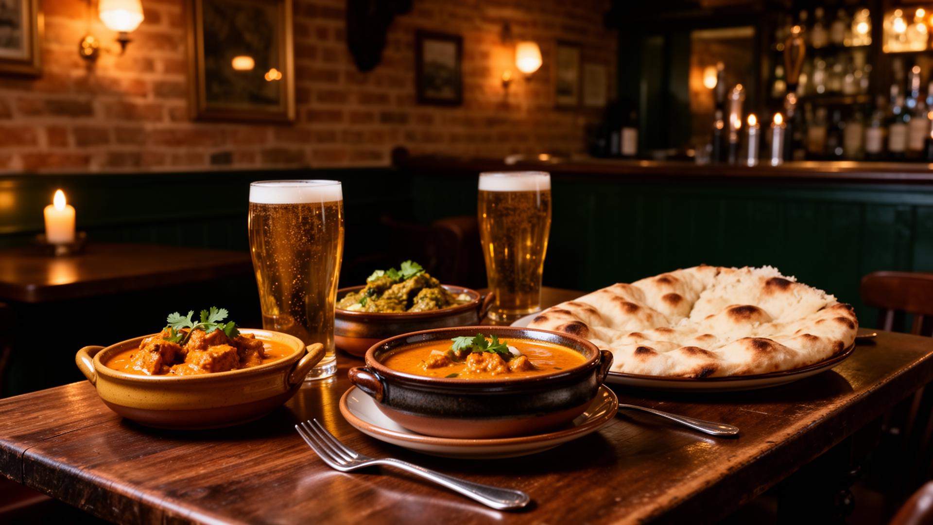 Curry and pints in a warm British pub