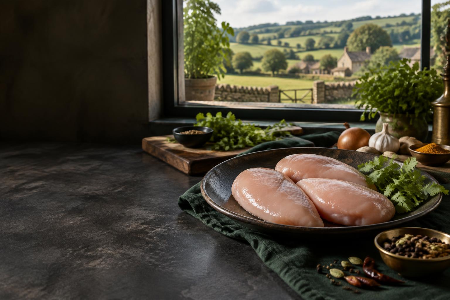 British chicken ingredients with a countryside backdrop