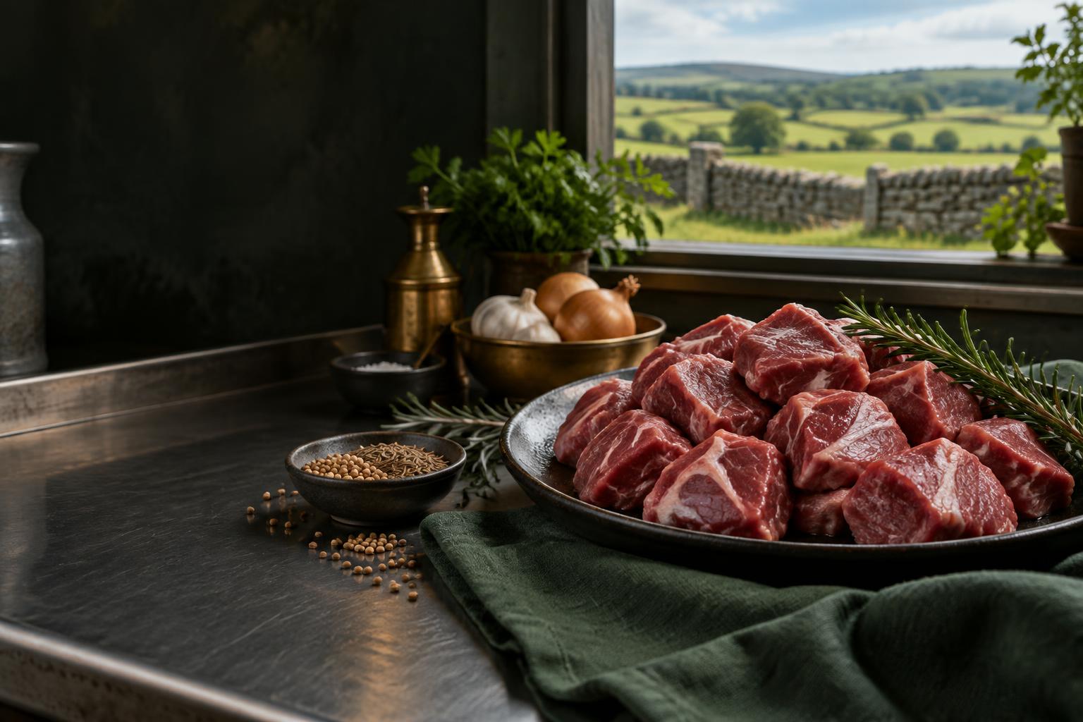 British lamb ingredients with a countryside backdrop